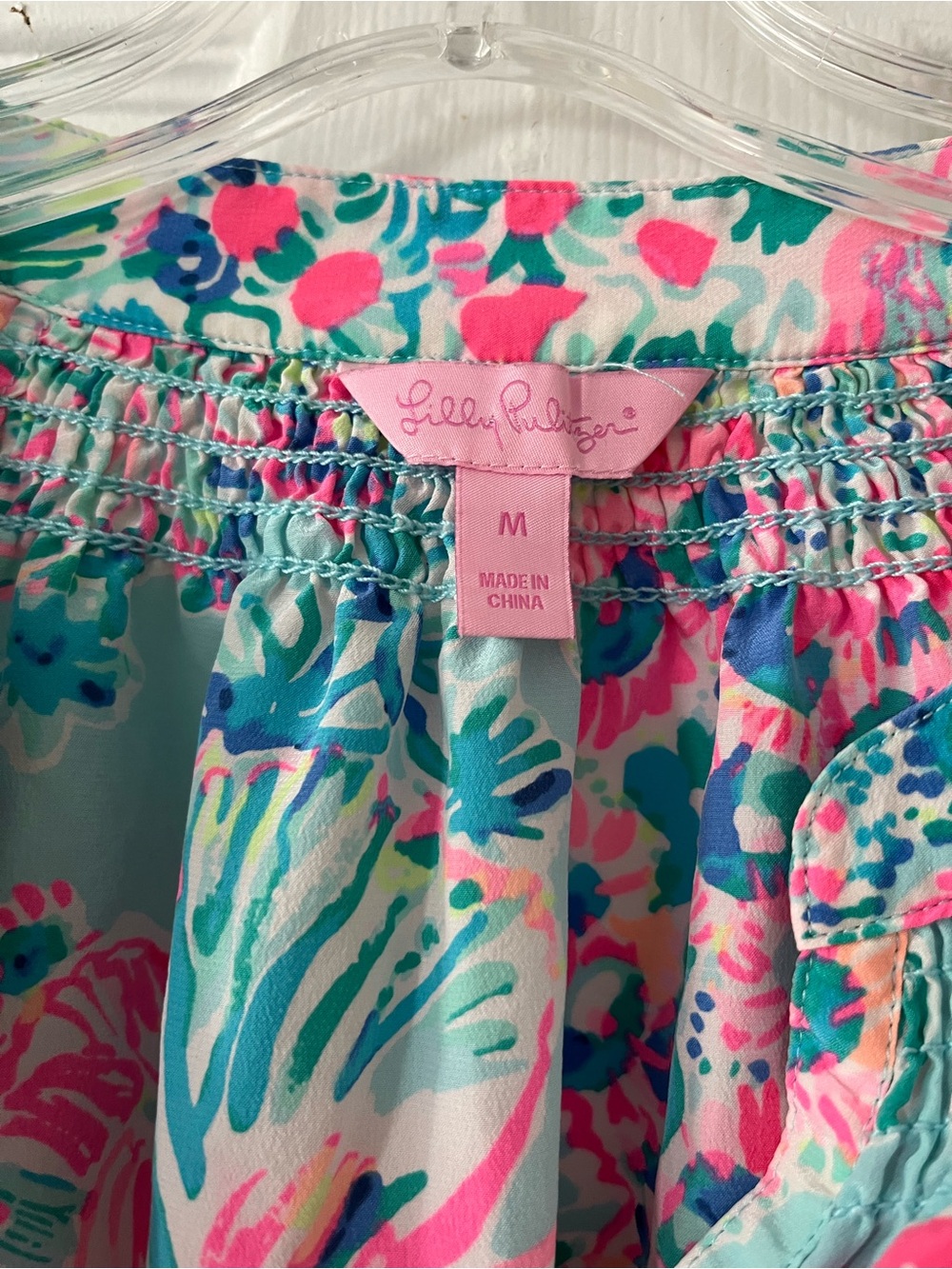 Lilly Pulitzer Pink & Aqua Floral Smocked Neck Blouse - Picture 3 of 11